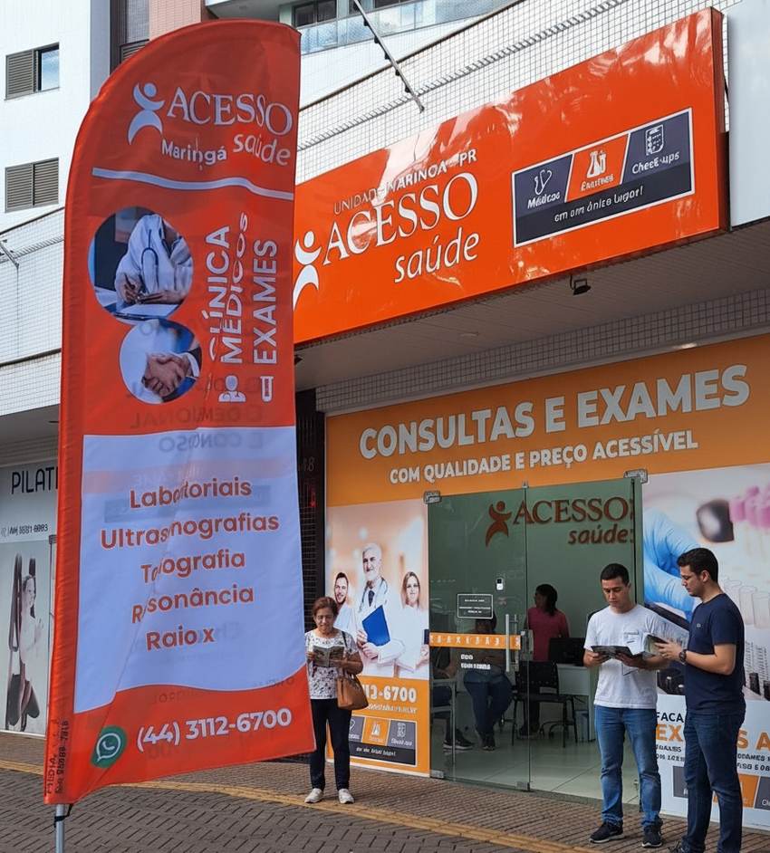 Fachada da Acesso Saúde, laboratório de exames de sangue particulares no Centro de Maringá
